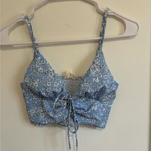 Blue floral front tie crop top
